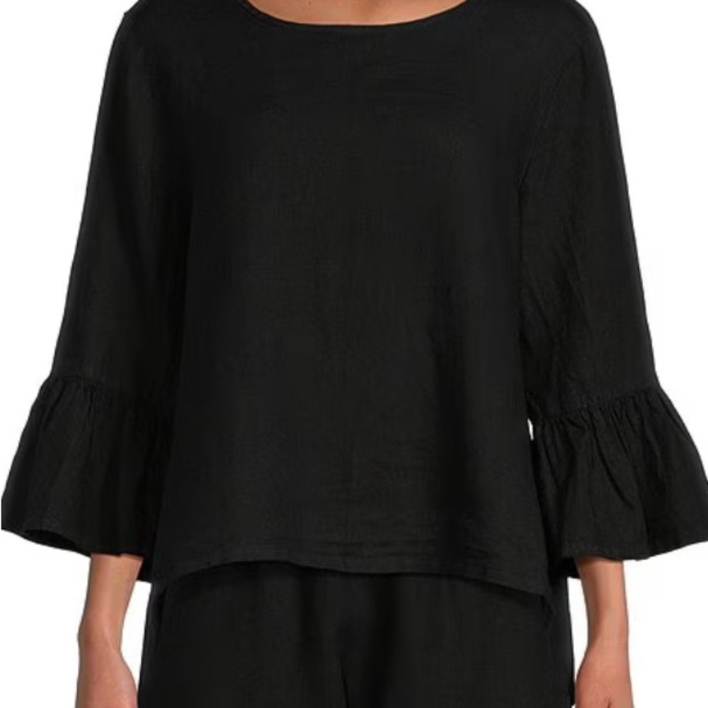NWT Bryn Walker Fran Black Linen Lagen look Ruffle 3/4 Bell Sleeve coastal Top